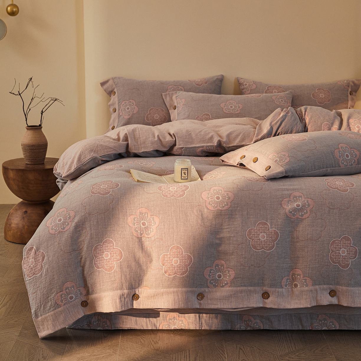 91家纺网 家纺一手货源 找家纺 （总）仰望棉麻双层纱供应链 2026新款全棉色织提花双层纱纽扣款四件套-花未眠