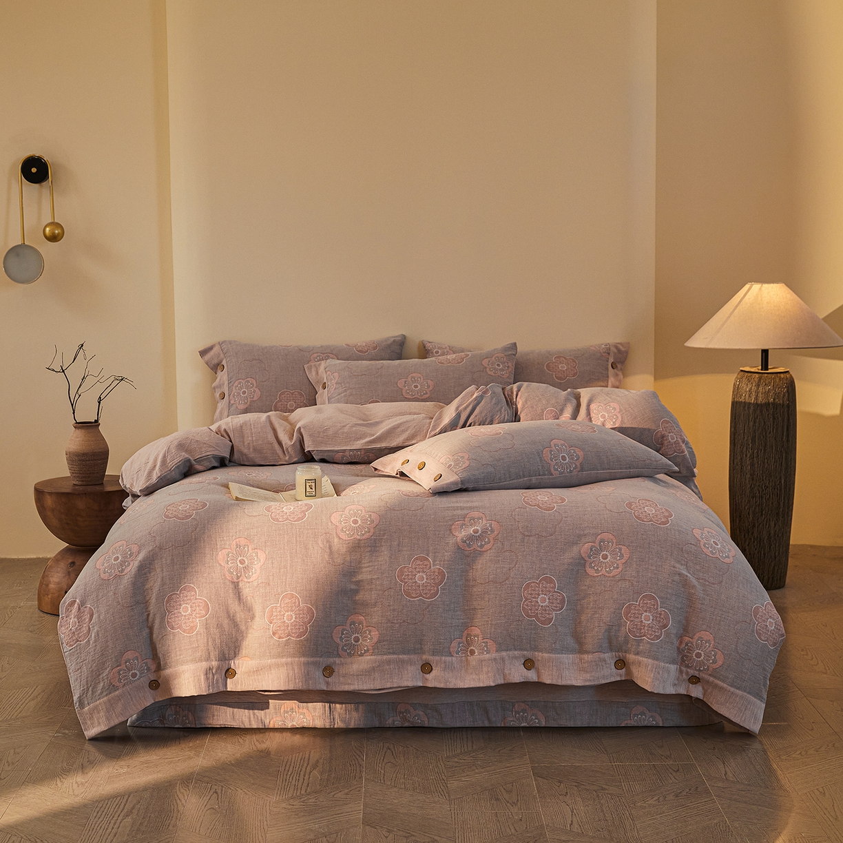 （总）仰望棉麻双层纱供应链 2026新款全棉色织提花双层纱纽扣款四件套-花未眠