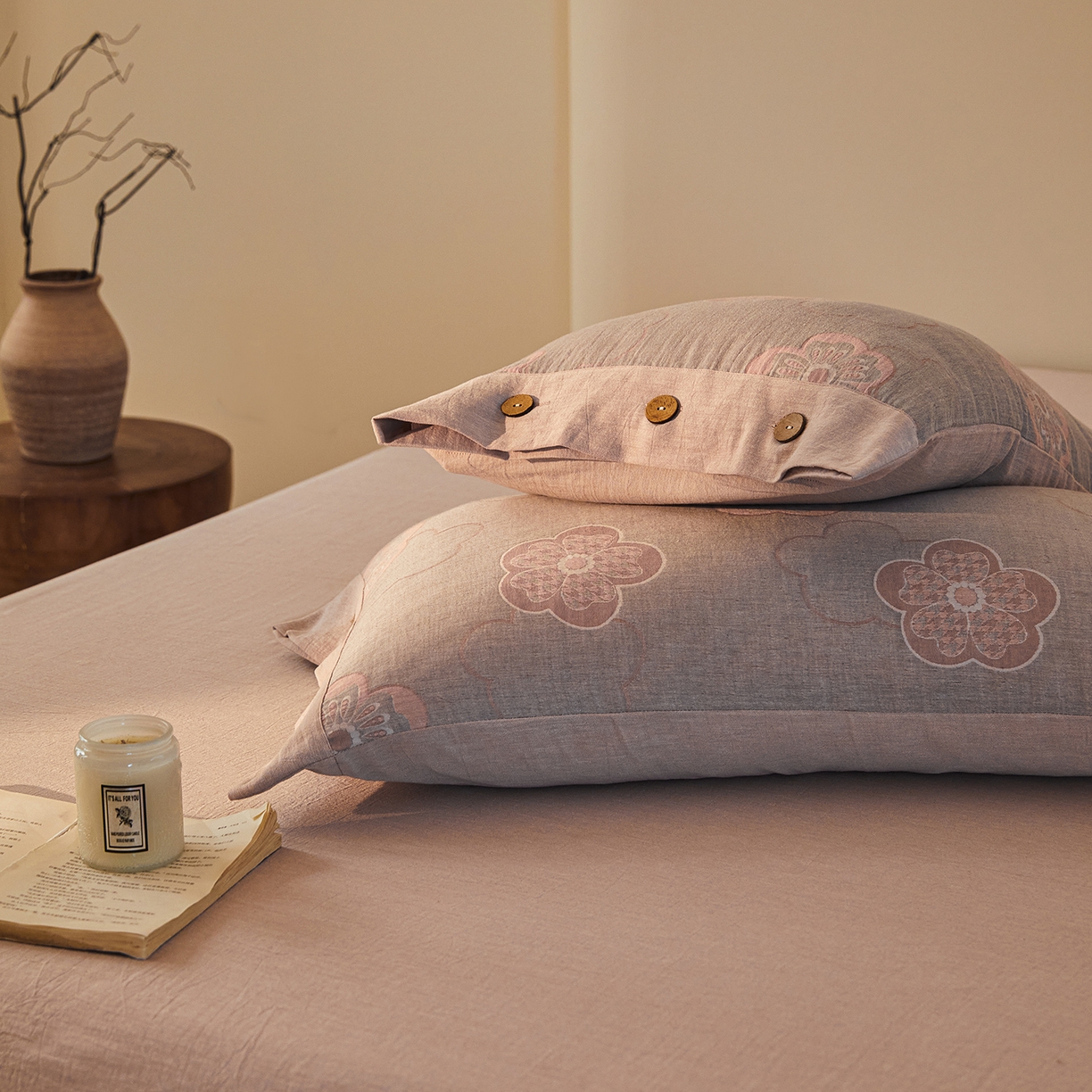 91家纺网 家纺一手货源 找家纺 （总）仰望棉麻双层纱供应链 2026新款全棉色织提花双层纱纽扣款四件套-花未眠