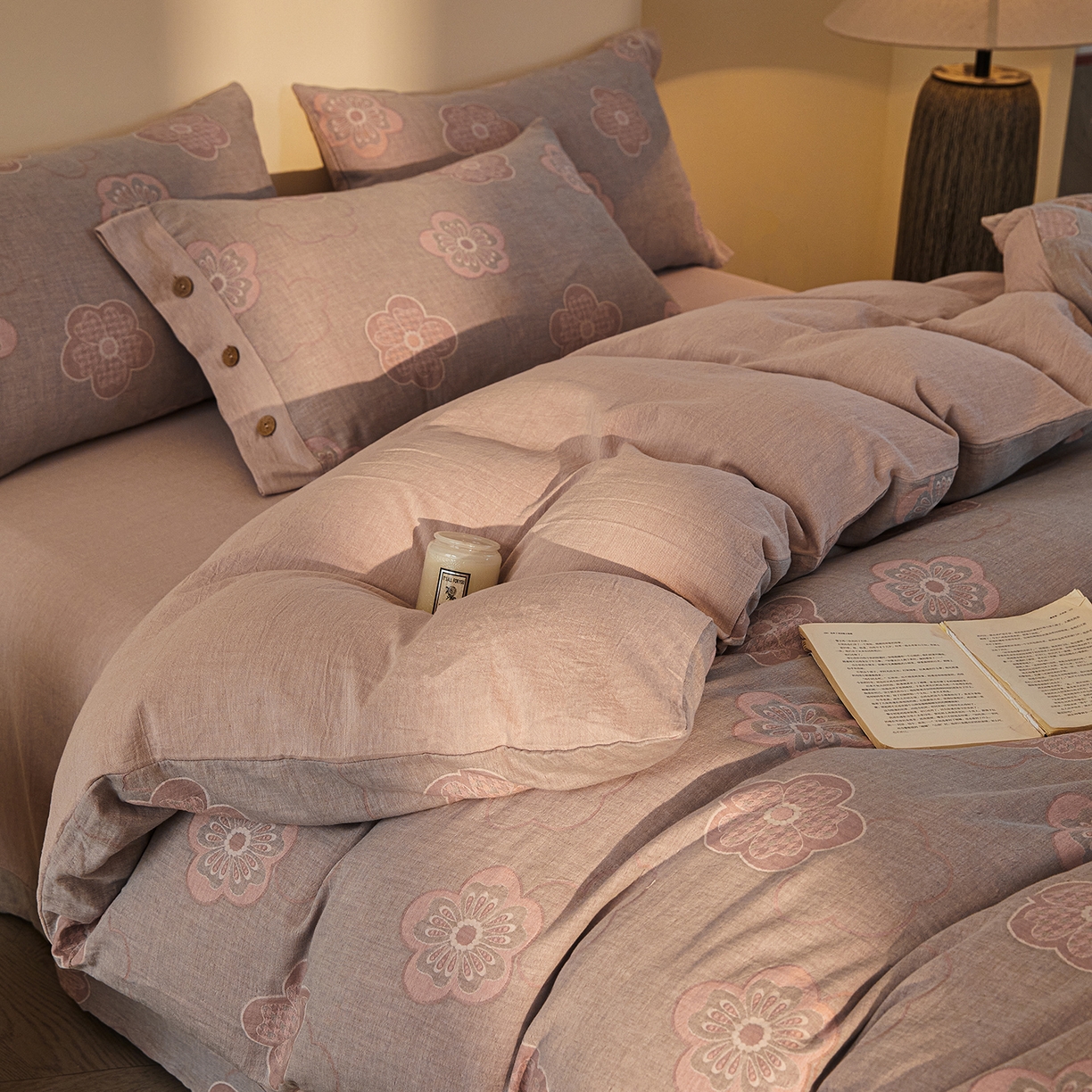 91家纺网 家纺一手货源 找家纺 （总）仰望棉麻双层纱供应链 2026新款全棉色织提花双层纱纽扣款四件套-花未眠