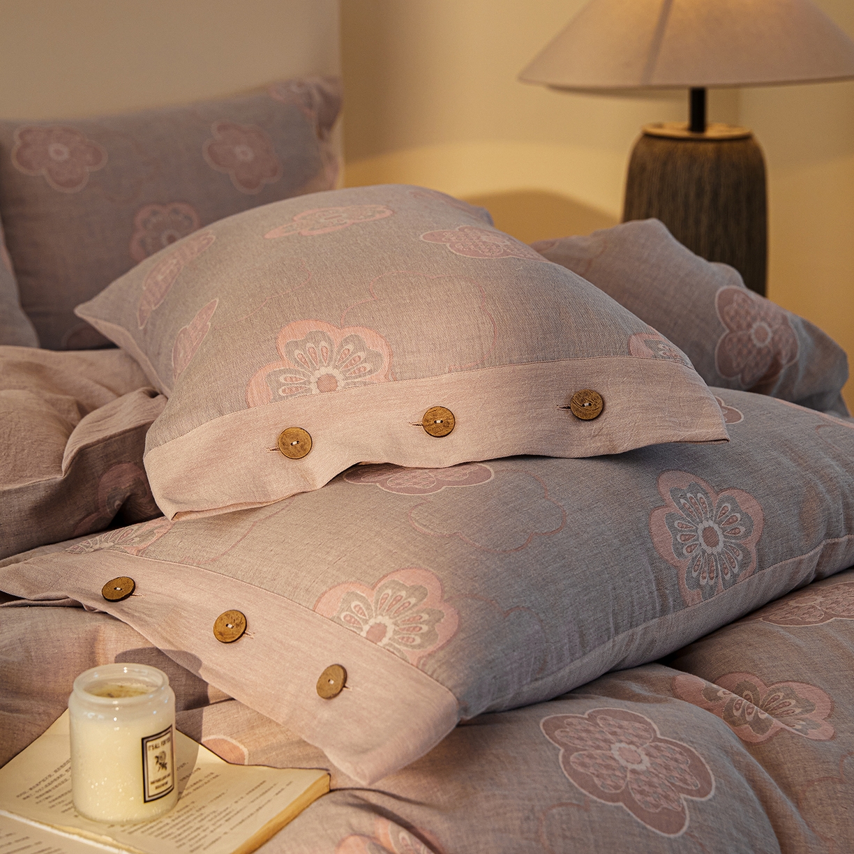 91家纺网 家纺一手货源 找家纺 （总）仰望棉麻双层纱供应链 2026新款全棉色织提花双层纱纽扣款四件套-花未眠