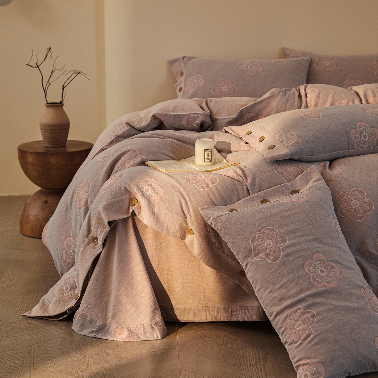 91家纺网 家纺一手货源 找家纺 （总）仰望棉麻双层纱供应链 2026新款全棉色织提花双层纱纽扣款四件套-花未眠