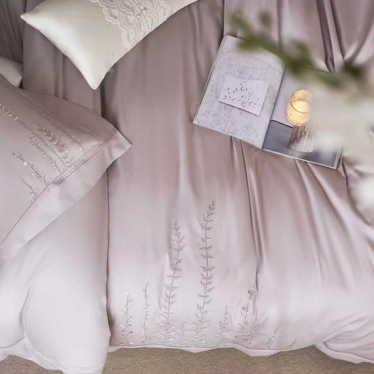 91家纺网 家纺一手货源 找家纺 玖玖爱家纺 2026新款100支长绒棉东方禅意柔奢风极简治愈四件套-漫枝 漫枝-莫奈紫