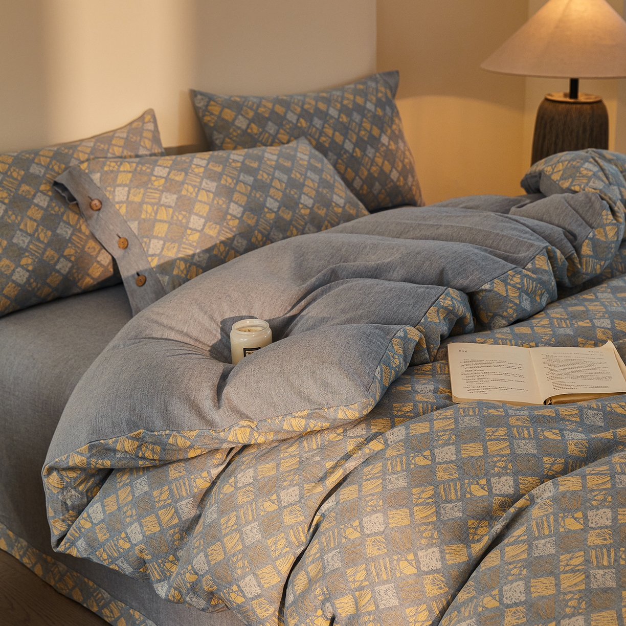 91家纺网 家纺一手货源 找家纺 （总）仰望棉麻双层纱供应链 2026新款全棉色织提花双层纱纽扣款四件套-木林漫