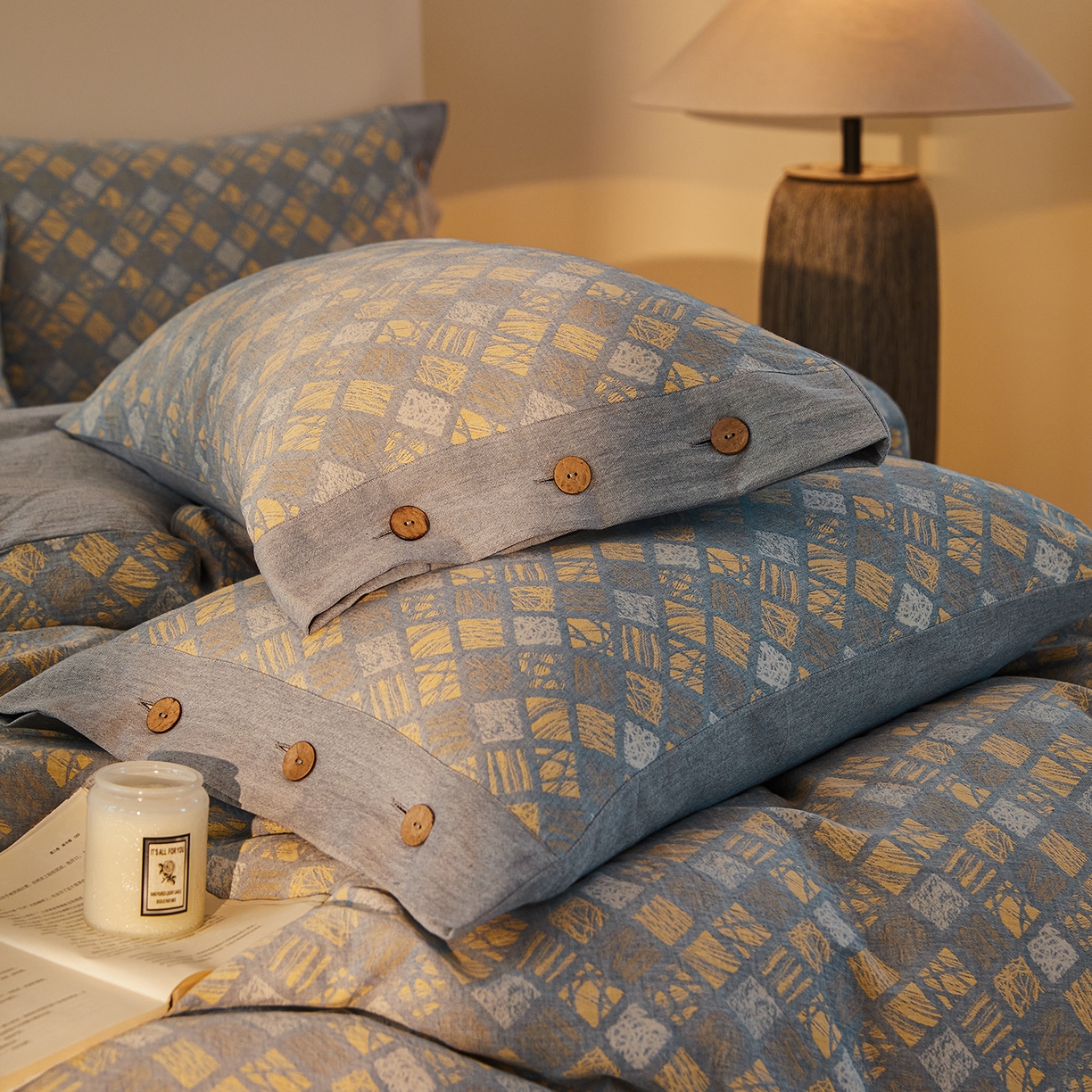 91家纺网 家纺一手货源 找家纺 （总）仰望棉麻双层纱供应链 2026新款全棉色织提花双层纱纽扣款四件套-木林漫