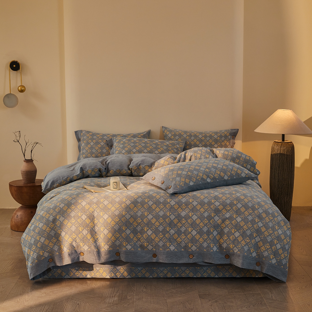 （总）仰望棉麻双层纱供应链 2026新款全棉色织提花双层纱纽扣款四件套-木林漫