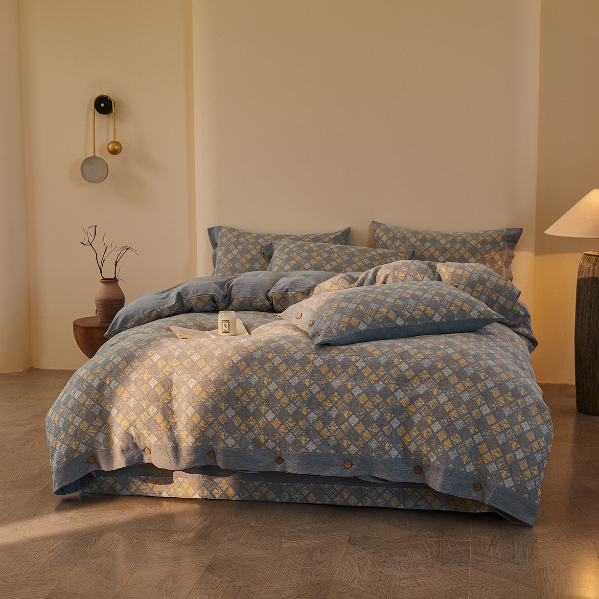 91家纺网 家纺一手货源 找家纺 （总）仰望棉麻双层纱供应链 2026新款全棉色织提花双层纱纽扣款四件套-木林漫