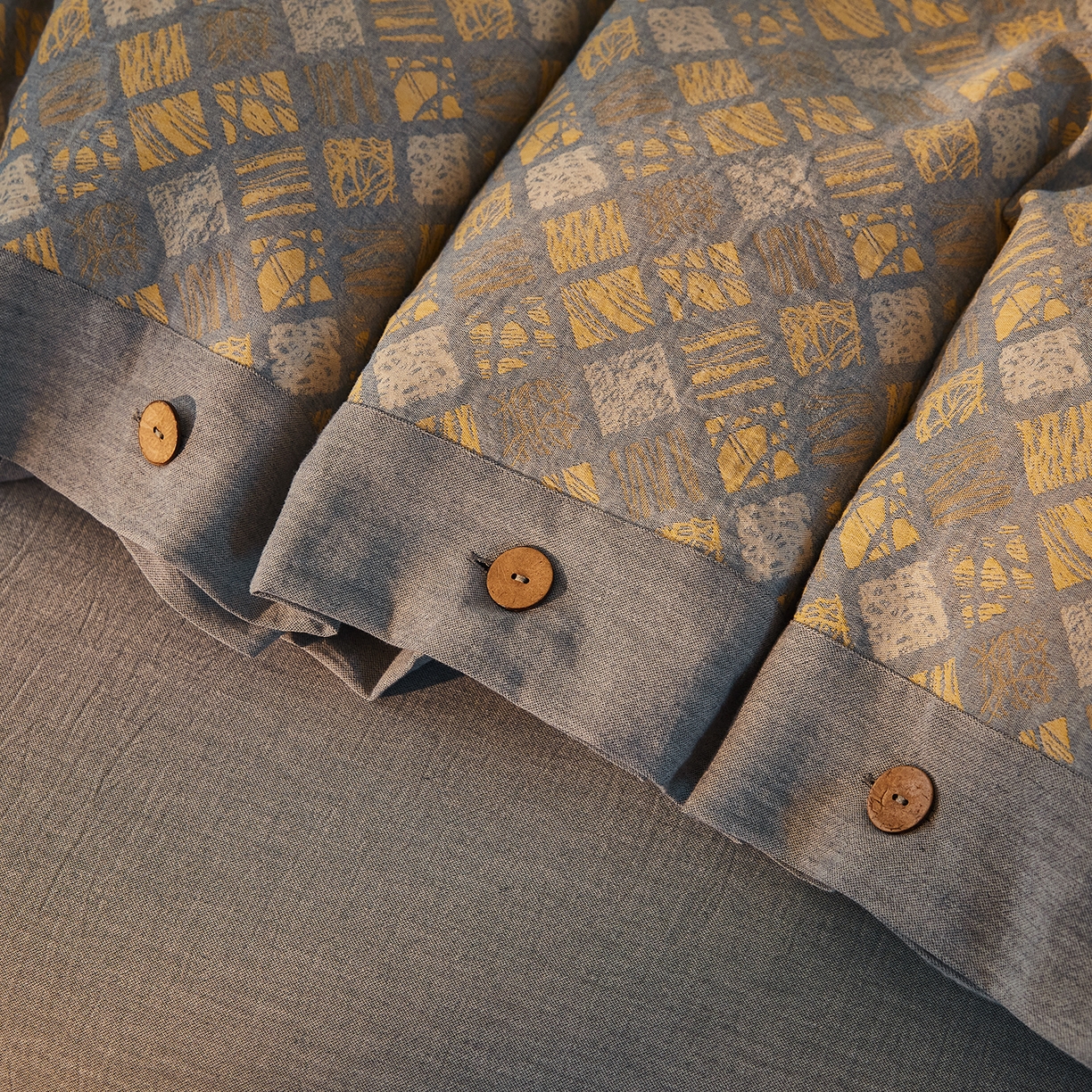 91家纺网 家纺一手货源 找家纺 （总）仰望棉麻双层纱供应链 2026新款全棉色织提花双层纱纽扣款四件套-木林漫