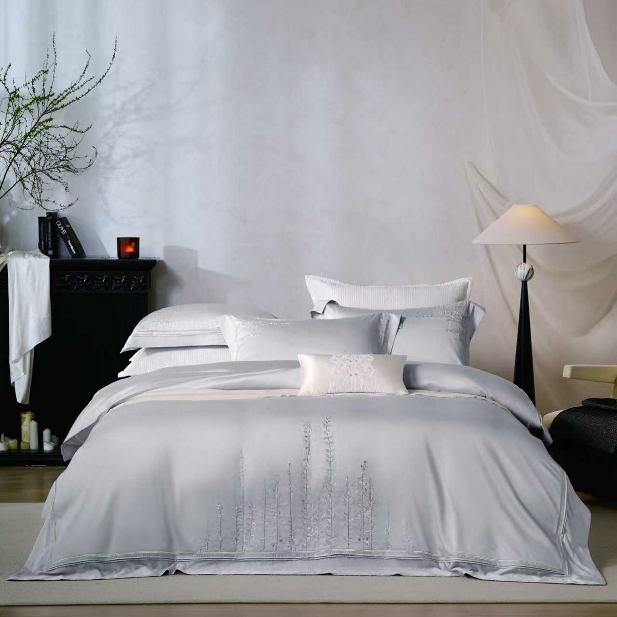 91家纺网 家纺一手货源 找家纺 玖玖爱家纺 2026新款100支长绒棉东方禅意柔奢风极简治愈四件套-漫枝 漫枝-浅云灰