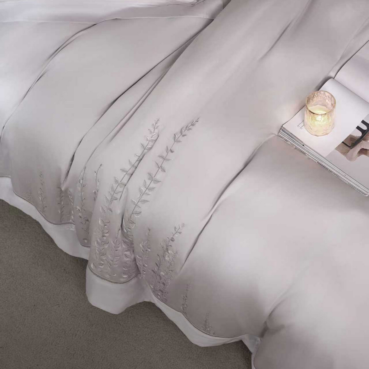 91家纺网 家纺一手货源 找家纺 玖玖爱家纺 2026新款100支长绒棉东方禅意柔奢风极简治愈四件套-漫枝 漫枝-浅云灰