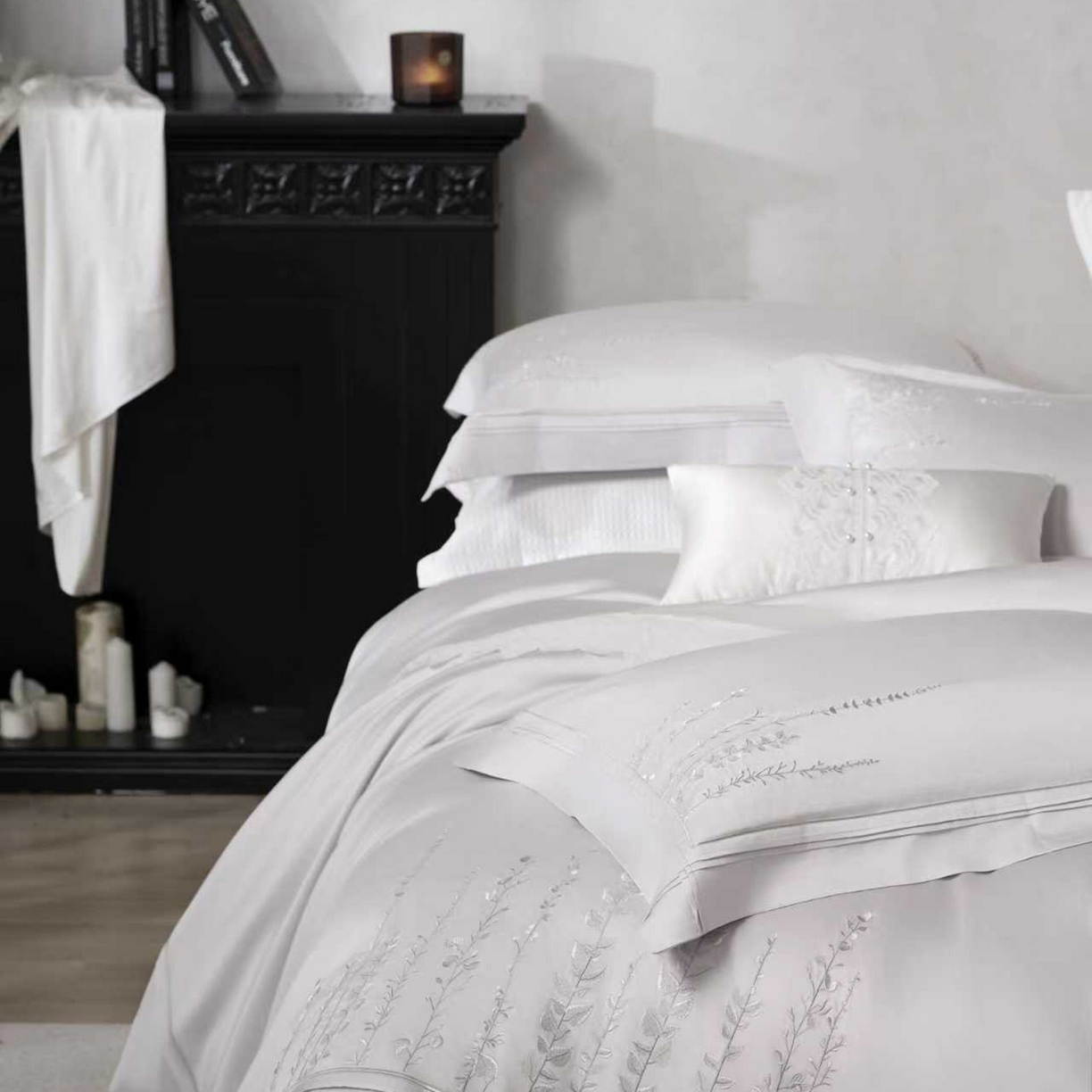 91家纺网 家纺一手货源 找家纺 玖玖爱家纺 2026新款100支长绒棉东方禅意柔奢风极简治愈四件套-漫枝 漫枝-浅云灰