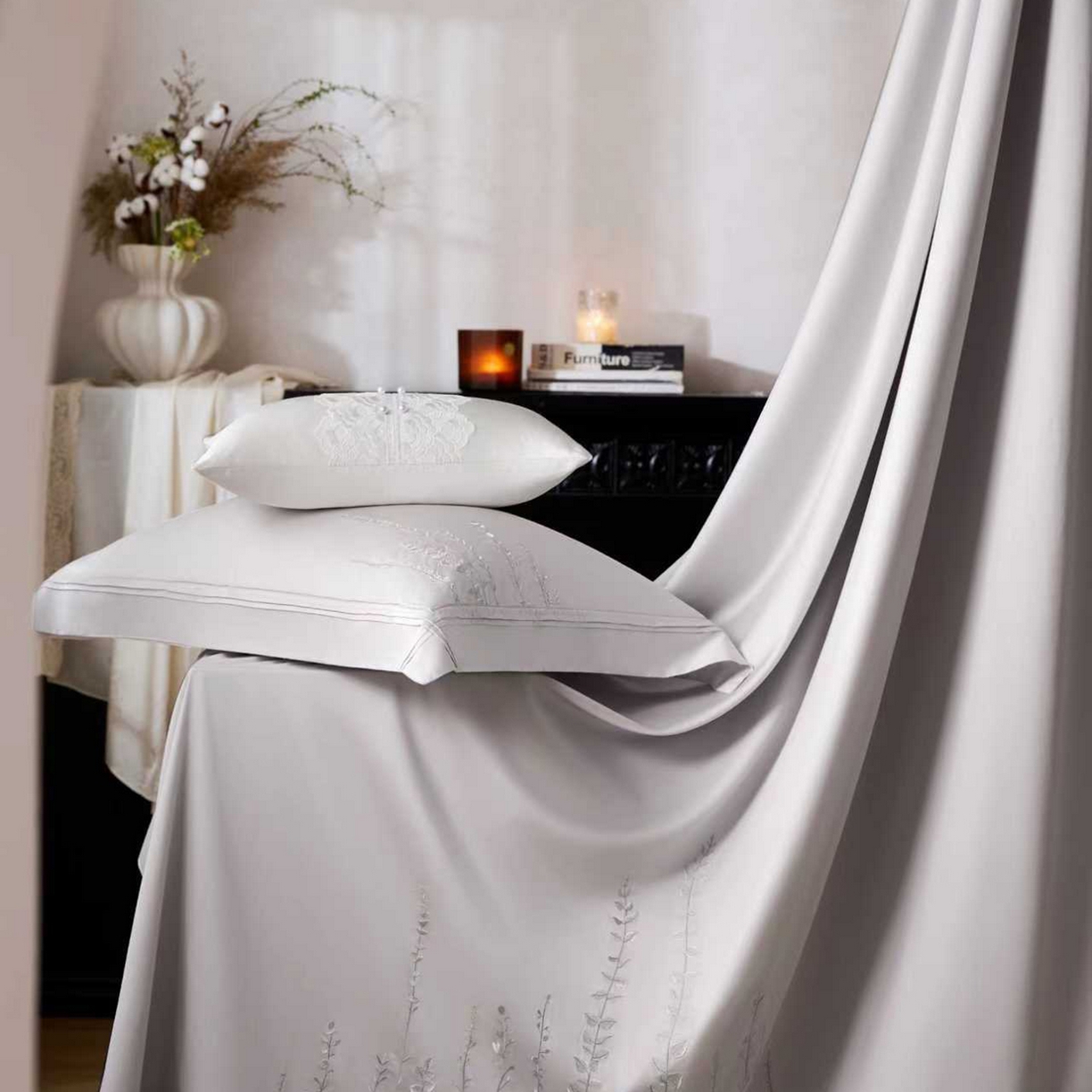 91家纺网 家纺一手货源 找家纺 玖玖爱家纺 2026新款100支长绒棉东方禅意柔奢风极简治愈四件套-漫枝 漫枝-浅云灰