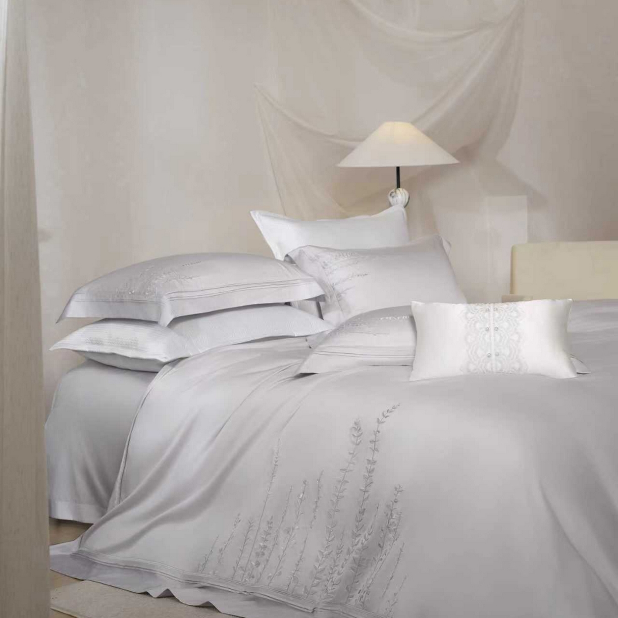 91家纺网 家纺一手货源 找家纺 玖玖爱家纺 2026新款100支长绒棉东方禅意柔奢风极简治愈四件套-漫枝 漫枝-浅云灰