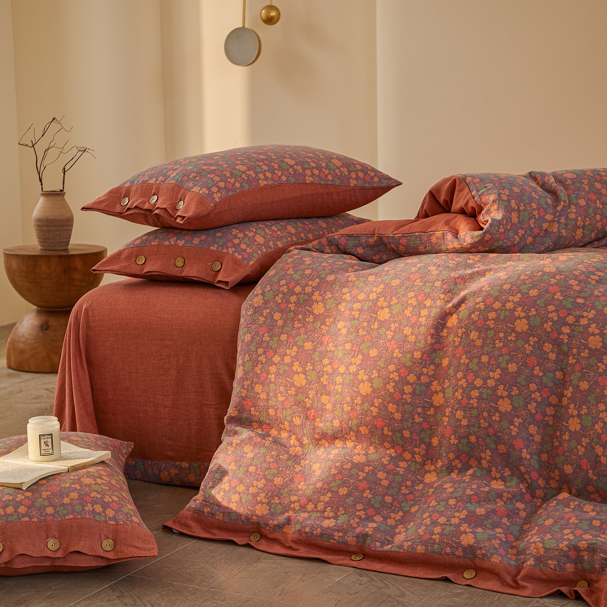 91家纺网 家纺一手货源 找家纺 （总）仰望棉麻双层纱供应链 2026新款全棉色织提花双层纱纽扣款四件套-幸运草