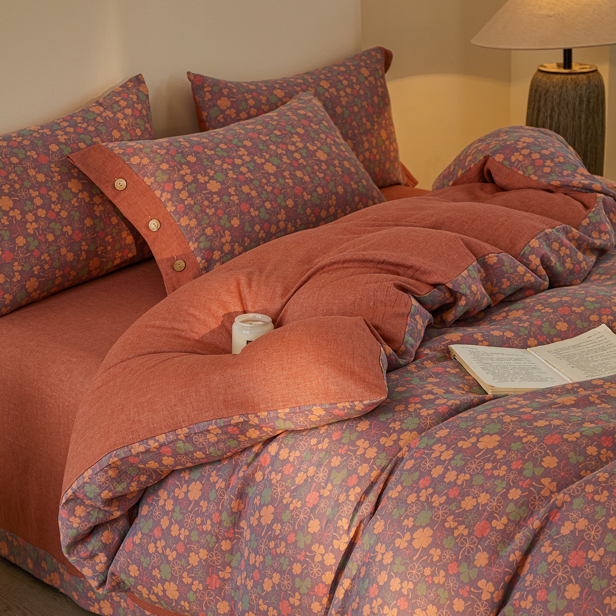 91家纺网 家纺一手货源 找家纺 （总）仰望棉麻双层纱供应链 2026新款全棉色织提花双层纱纽扣款四件套-幸运草