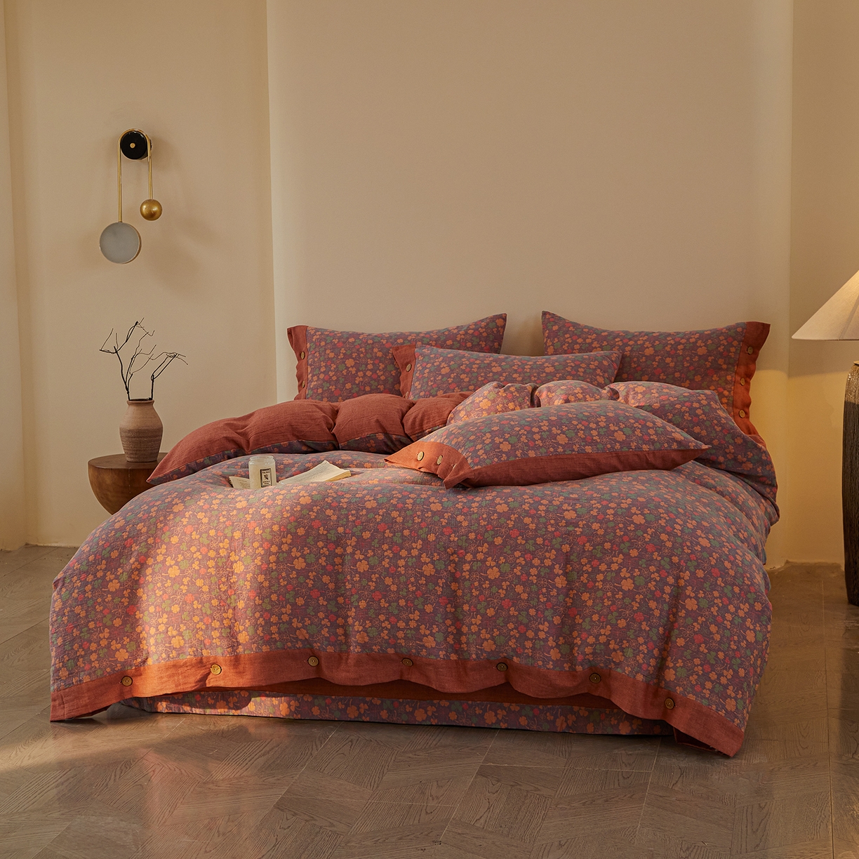 91家纺网 家纺一手货源 找家纺 （总）仰望棉麻双层纱供应链 2026新款全棉色织提花双层纱纽扣款四件套-幸运草