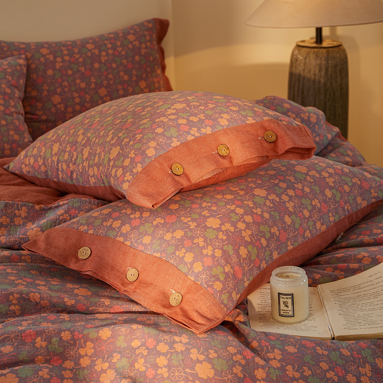 91家纺网 家纺一手货源 找家纺 （总）仰望棉麻双层纱供应链 2026新款全棉色织提花双层纱纽扣款四件套-幸运草