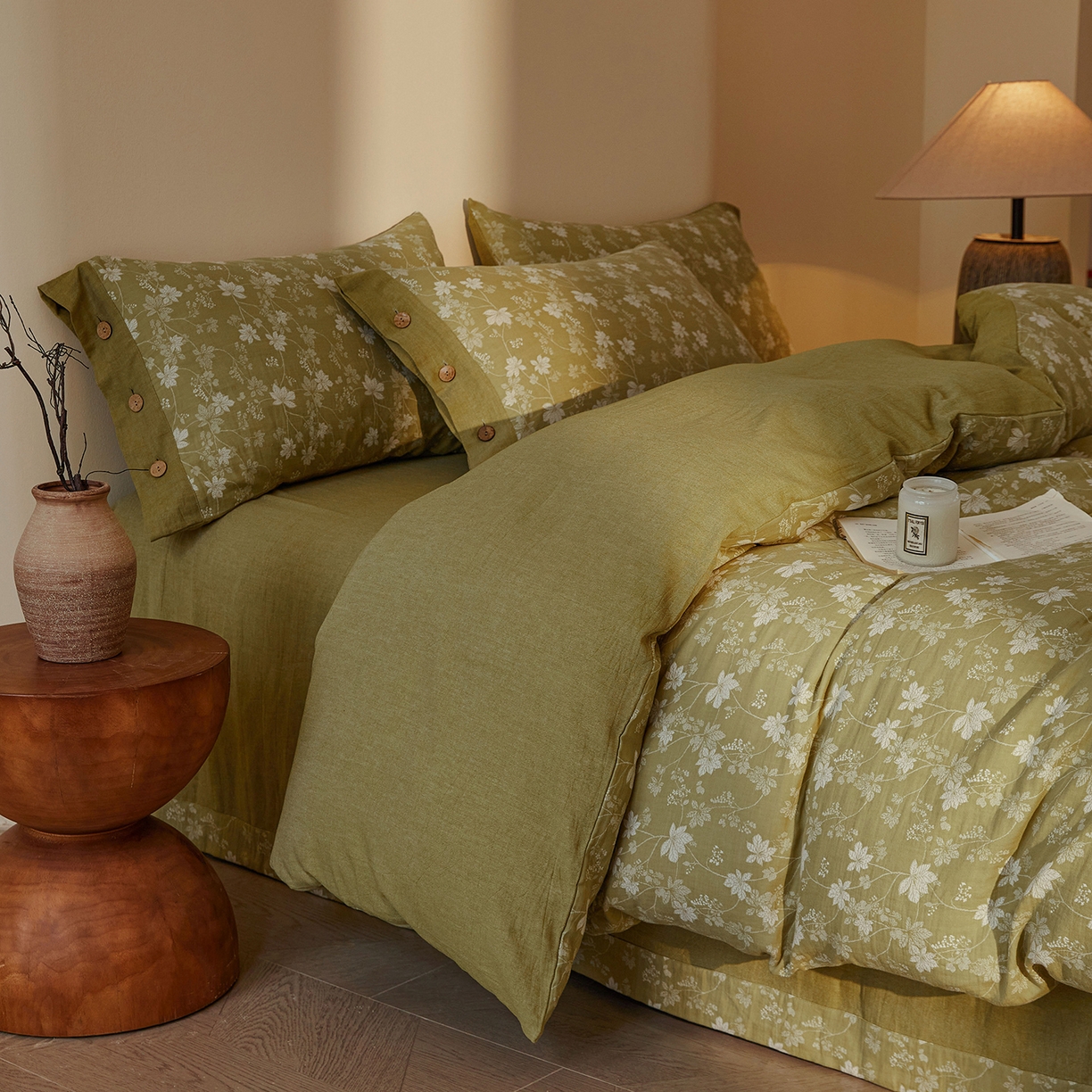 91家纺网 家纺一手货源 找家纺 （总）仰望棉麻双层纱供应链 2026新款全棉色织提花双层纱纽扣款四件套-森意棉棉