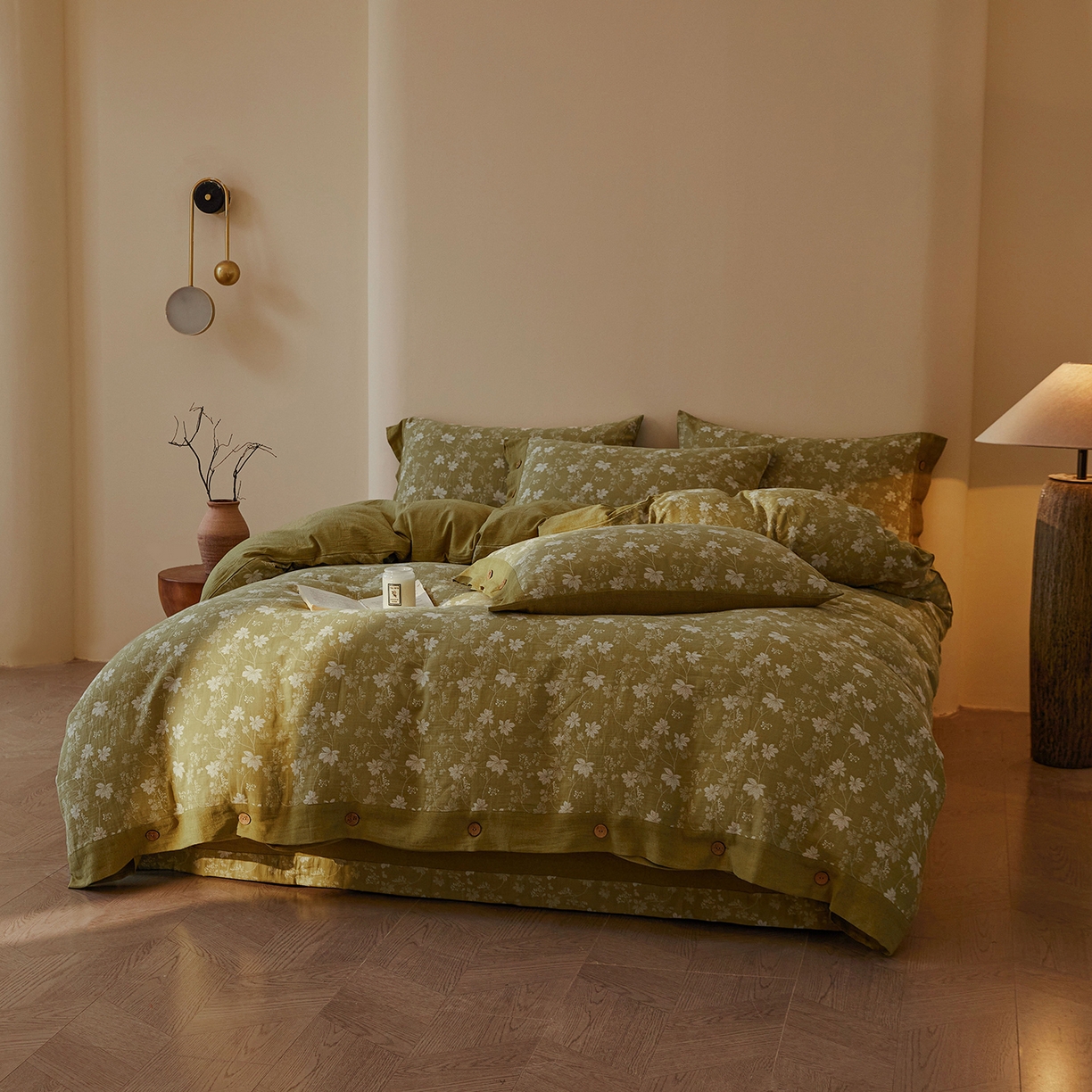 91家纺网 家纺一手货源 找家纺 （总）仰望棉麻双层纱供应链 2026新款全棉色织提花双层纱纽扣款四件套-森意棉棉