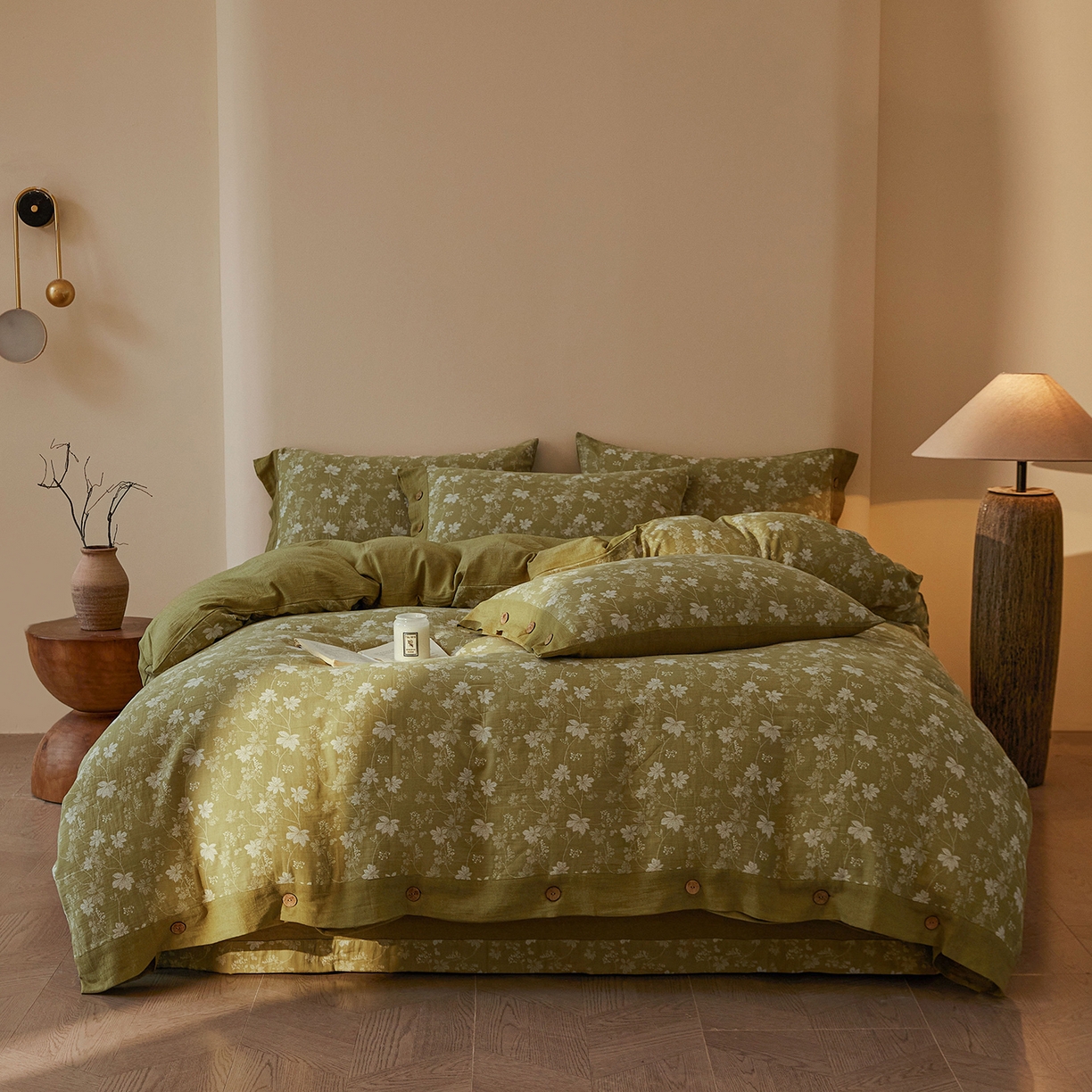 91家纺网 家纺一手货源 找家纺 （总）仰望棉麻双层纱供应链 2026新款爱情马全棉色织提花双层纱纽扣款四件套