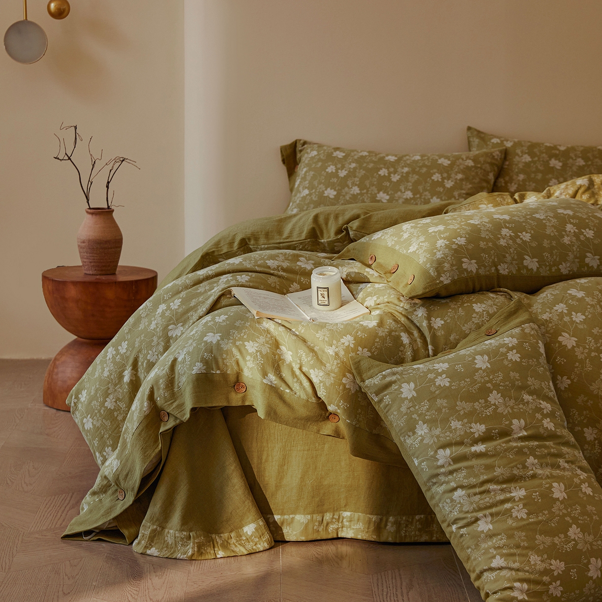 91家纺网 家纺一手货源 找家纺 （总）仰望棉麻双层纱供应链 2026新款全棉色织提花双层纱纽扣款四件套-森意棉棉