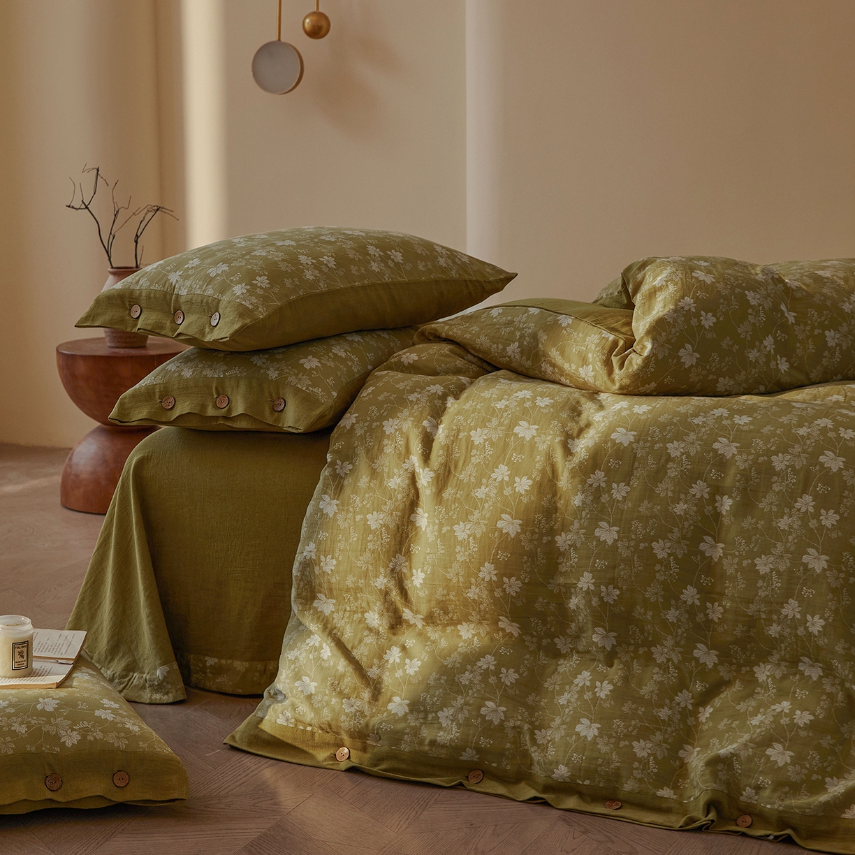 91家纺网 家纺一手货源 找家纺 （总）仰望棉麻双层纱供应链 2026新款全棉色织提花双层纱纽扣款四件套-森意棉棉