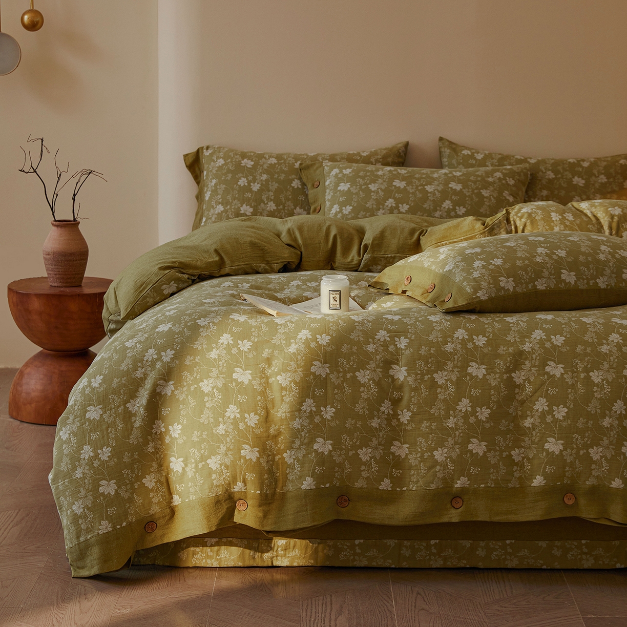 91家纺网 家纺一手货源 找家纺 （总）仰望棉麻双层纱供应链 2026新款全棉色织提花双层纱纽扣款四件套-森意棉棉