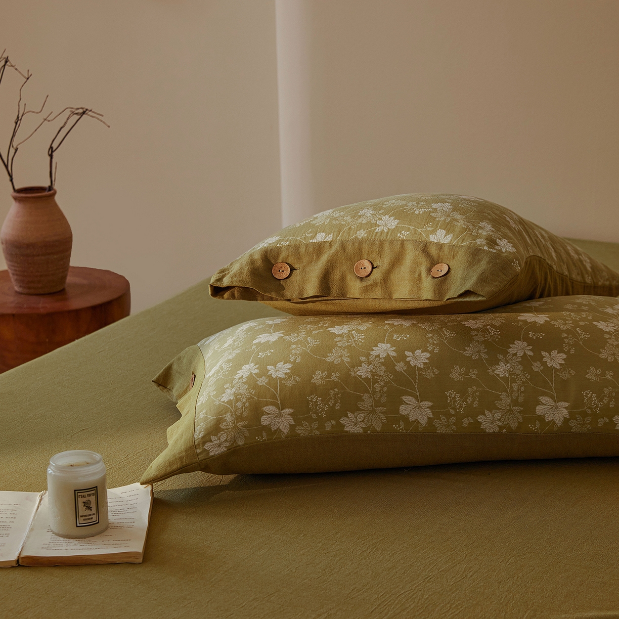 91家纺网 家纺一手货源 找家纺 （总）仰望棉麻双层纱供应链 2026新款全棉色织提花双层纱纽扣款四件套-森意棉棉