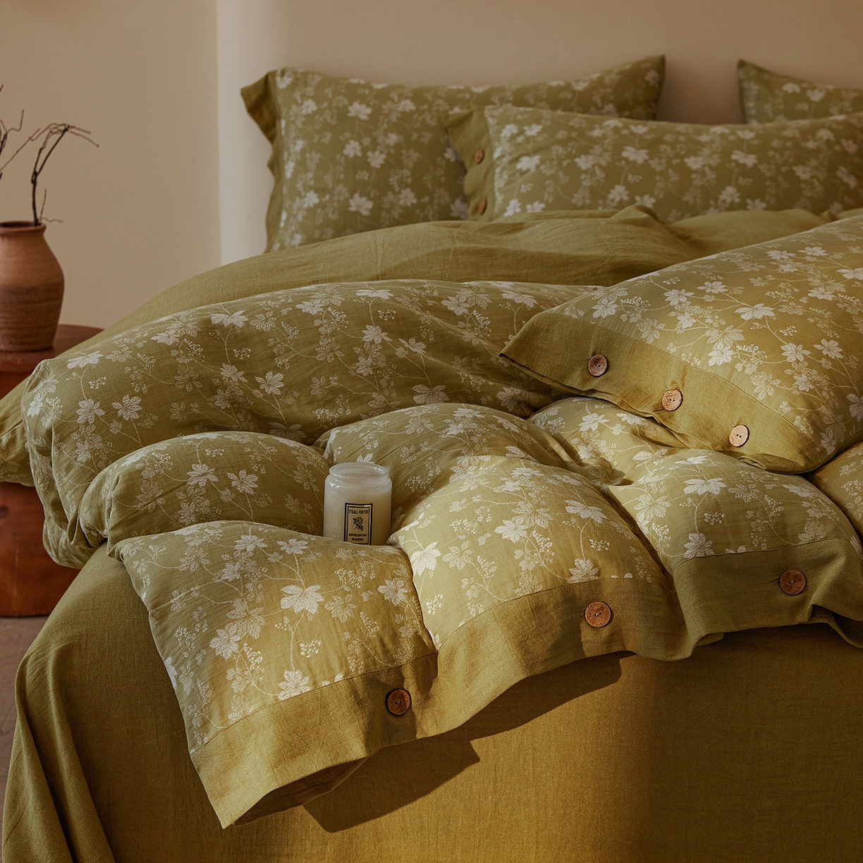 91家纺网 家纺一手货源 找家纺 （总）仰望棉麻双层纱供应链 2026新款全棉色织提花双层纱纽扣款四件套-森意棉棉