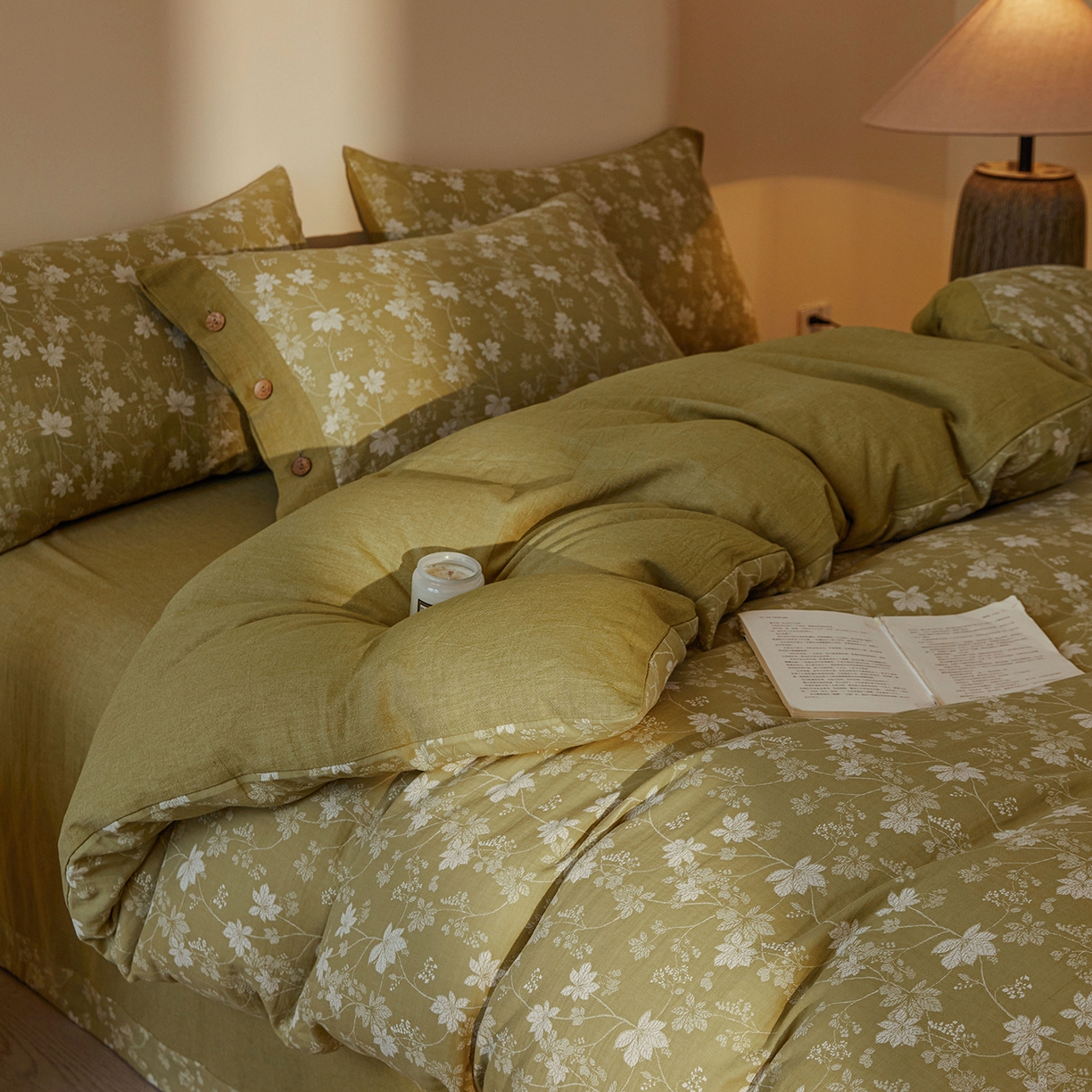 91家纺网 家纺一手货源 找家纺 （总）仰望棉麻双层纱供应链 2026新款全棉色织提花双层纱纽扣款四件套-森意棉棉