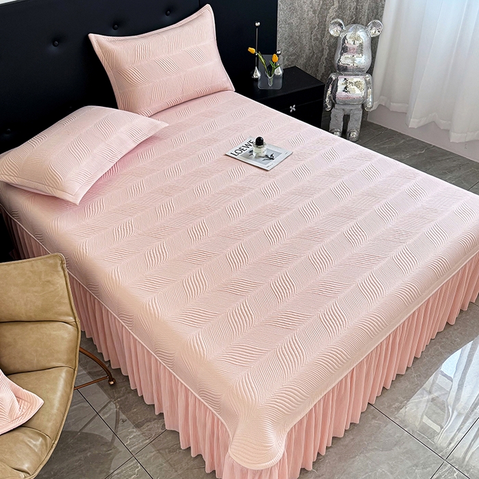 91家纺网 家纺一手货源 找家纺 （总）红夫人 2026新款PE高分子复合凉感席韩版床裙款凉席三件套-冰川