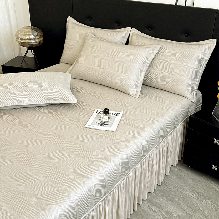 91家纺网 家纺一手货源 找家纺 红夫人 2026新款PE高分子复合凉感席韩版床裙款凉席三件套-冰川 冰川-香槟色