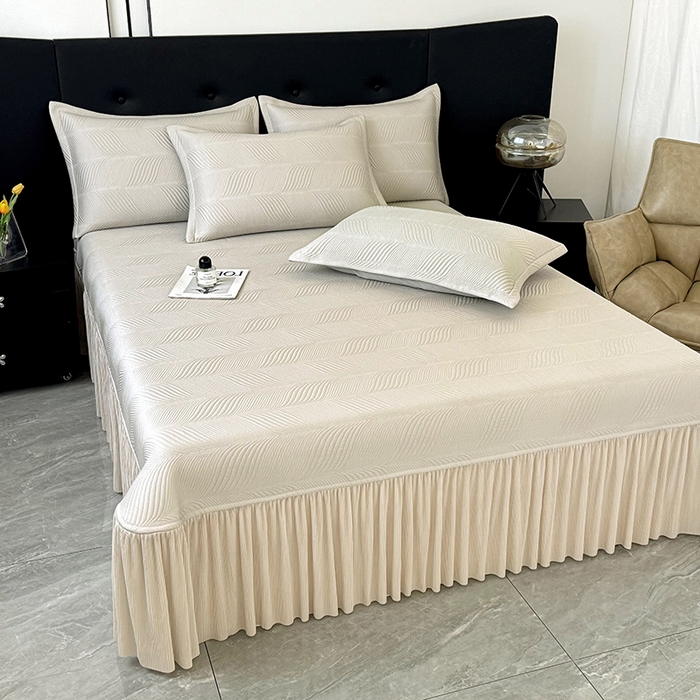 91家纺网 家纺一手货源 找家纺 红夫人 2026新款PE高分子复合凉感席韩版床裙款凉席三件套-冰川 冰川-香槟色