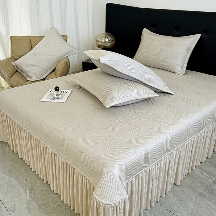 91家纺网 家纺一手货源 找家纺 红夫人 2026新款PE高分子复合凉感席韩版床裙款凉席三件套-冰川 冰川-香槟色