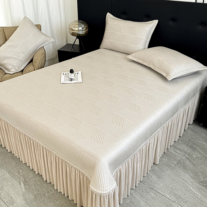 91家纺网 家纺一手货源 找家纺 红夫人 2026新款PE高分子复合凉感席韩版床裙款凉席三件套-冰川 冰川-香槟色