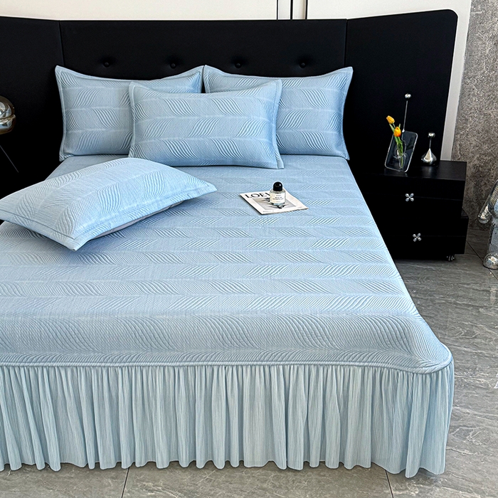 91家纺网 家纺一手货源 找家纺 红夫人 2026新款PE高分子复合凉感席韩版床裙款凉席三件套-冰川 冰川-蓝色