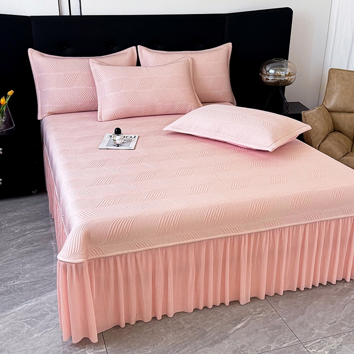 91家纺网 家纺一手货源 找家纺 红夫人 2026新款PE高分子复合凉感席韩版床裙款凉席三件套-冰川 冰川-粉色