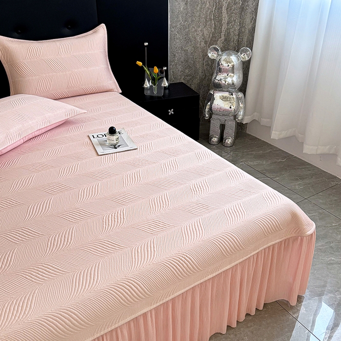 91家纺网 家纺一手货源 找家纺 红夫人 2026新款PE高分子复合凉感席韩版床裙款凉席三件套-冰川 冰川-粉色