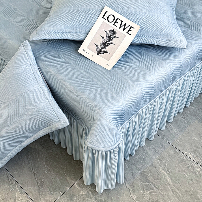 91家纺网 家纺一手货源 找家纺 红夫人 2026新款PE高分子复合凉感席韩版床裙款凉席三件套-冰川 冰川-蓝色