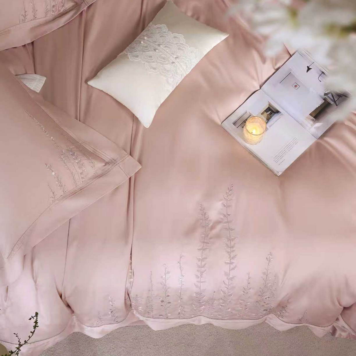 91家纺网 家纺一手货源 找家纺 玖玖爱家纺 2026新款100支长绒棉东方禅意柔奢风极简治愈四件套-漫枝 漫枝-桃思粉
