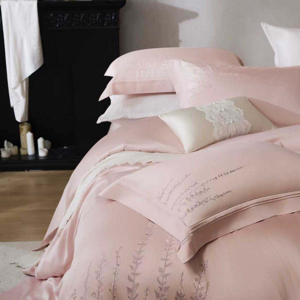 91家纺网 家纺一手货源 找家纺 玖玖爱家纺 2026新款100支长绒棉东方禅意柔奢风极简治愈四件套-漫枝 漫枝-桃思粉