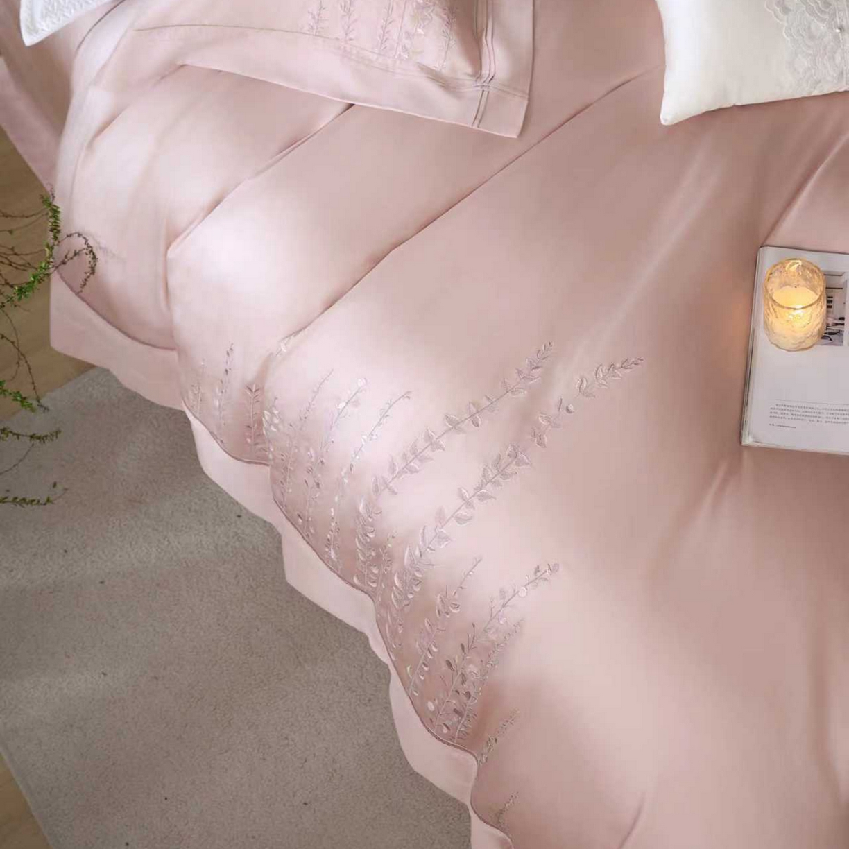 91家纺网 家纺一手货源 找家纺 玖玖爱家纺 2026新款100支长绒棉东方禅意柔奢风极简治愈四件套-漫枝 漫枝-桃思粉