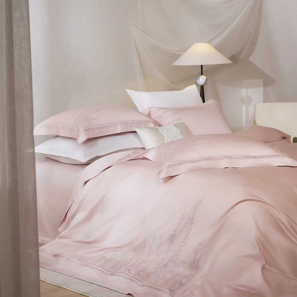 91家纺网 家纺一手货源 找家纺 玖玖爱家纺 2026新款100支长绒棉东方禅意柔奢风极简治愈四件套-漫枝 漫枝-桃思粉