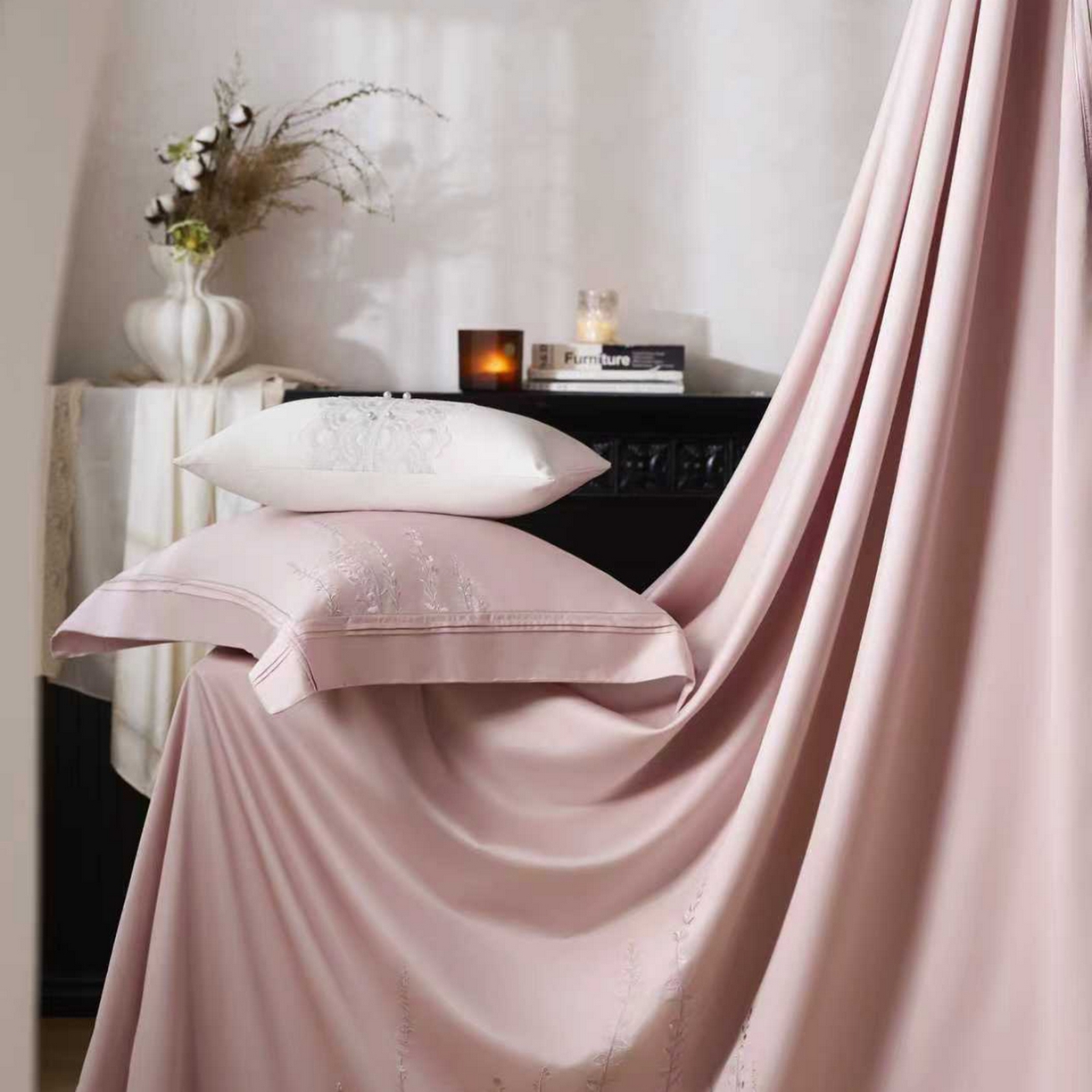 91家纺网 家纺一手货源 找家纺 玖玖爱家纺 2026新款100支长绒棉东方禅意柔奢风极简治愈四件套-漫枝 漫枝-桃思粉