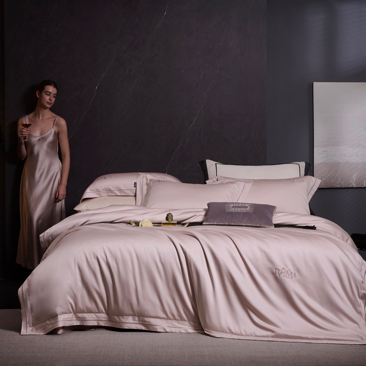 91家纺网 家纺一手货源 找家纺 玖玖爱家纺 2026新款天丝棉麻极简主义四件套 雾粉