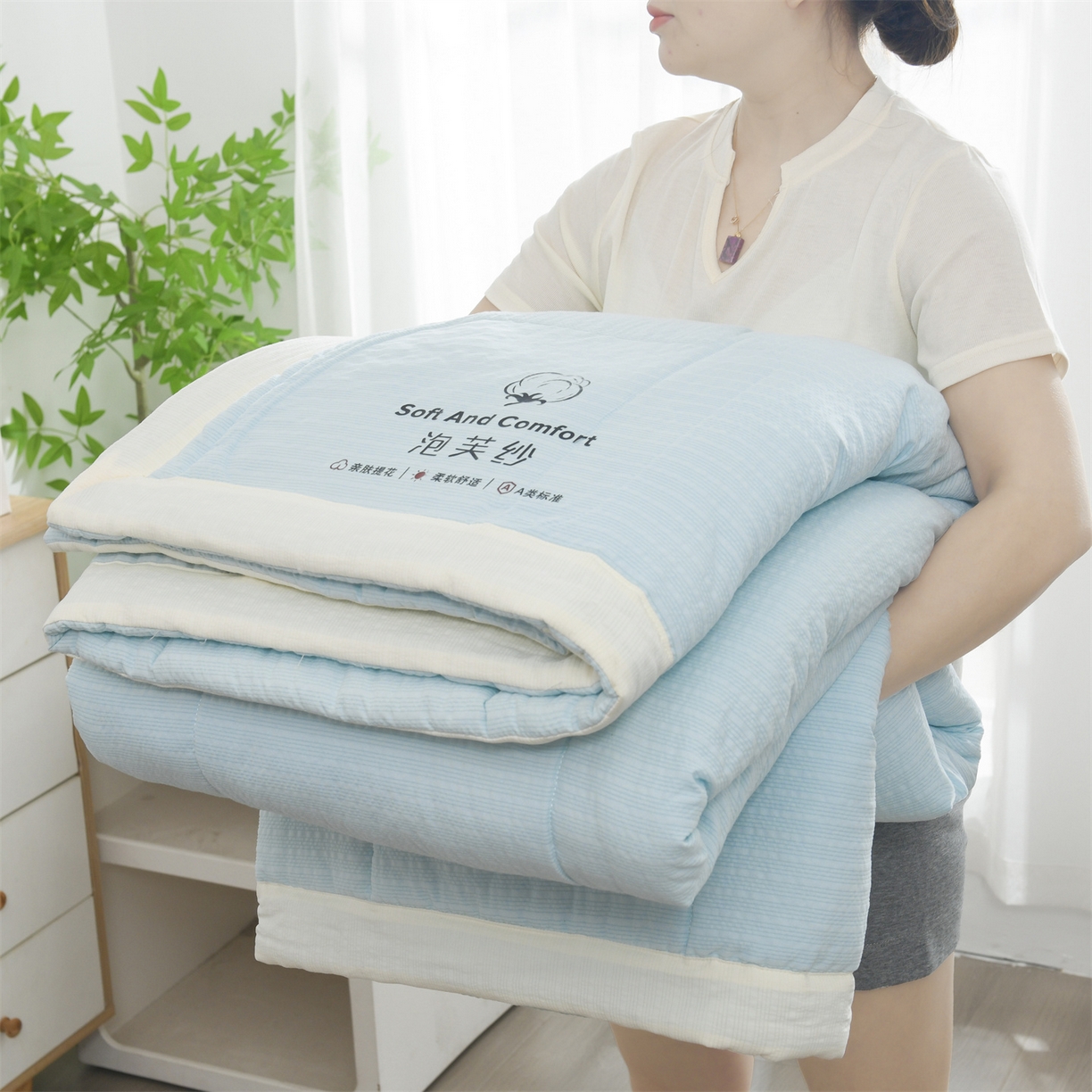 91家纺网 家纺一手货源 找家纺 （总）恋绒家纺 2026春夏新款泡芙纱双层纱泡泡提花皱皱纱夏被夏凉被空调被