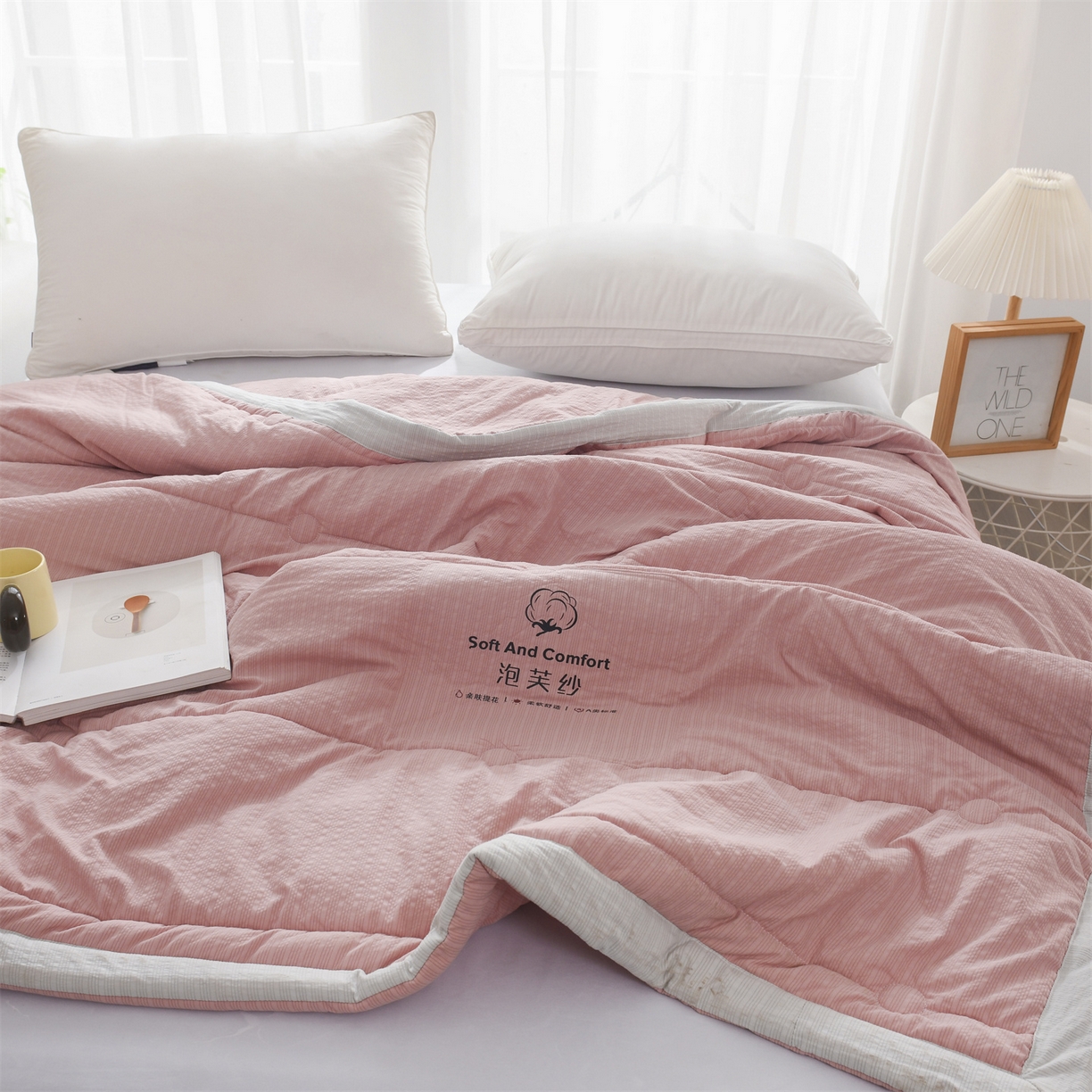 91家纺网 家纺一手货源 找家纺 恋绒家纺 2026春夏新款泡芙纱双层纱泡泡提花皱皱纱夏被夏凉被空调被 豆沙