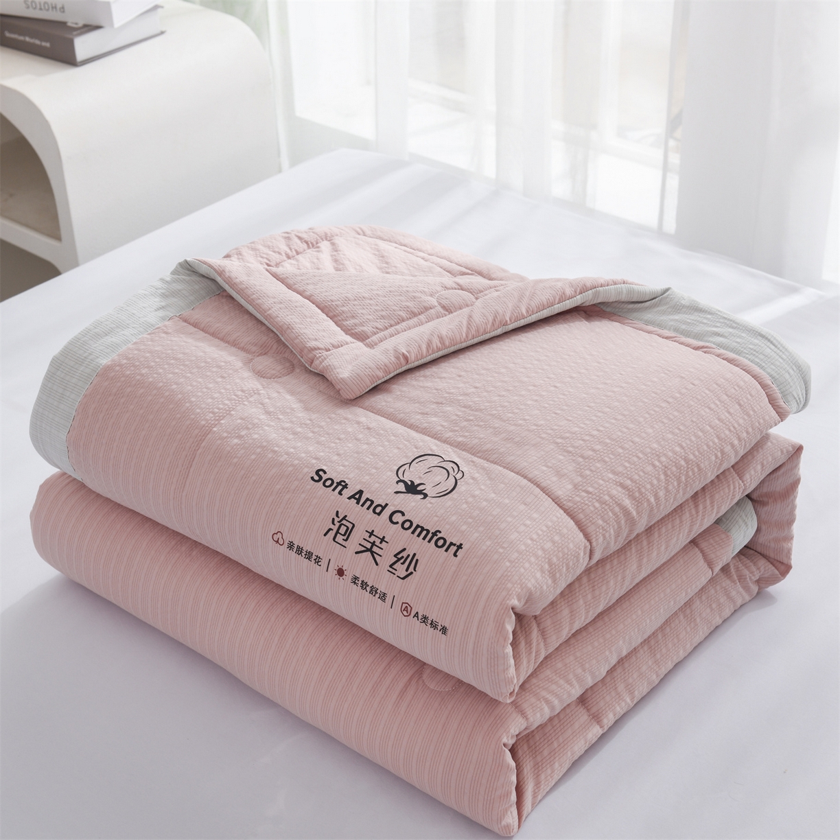 91家纺网 家纺一手货源 找家纺 恋绒家纺 2026春夏新款泡芙纱双层纱泡泡提花皱皱纱夏被夏凉被空调被 豆沙