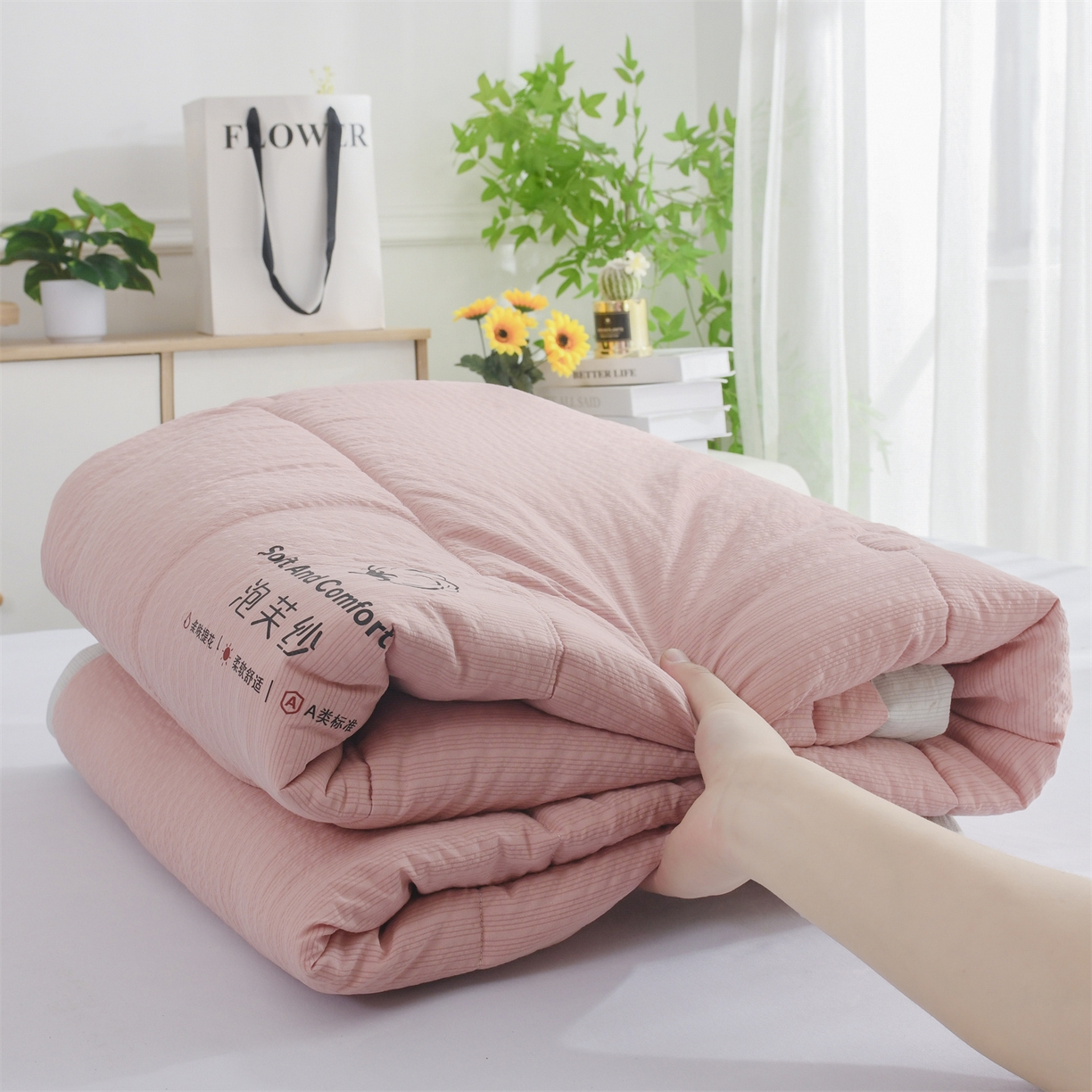 91家纺网 家纺一手货源 找家纺 恋绒家纺 2026春夏新款泡芙纱双层纱泡泡提花皱皱纱夏被夏凉被空调被 豆沙