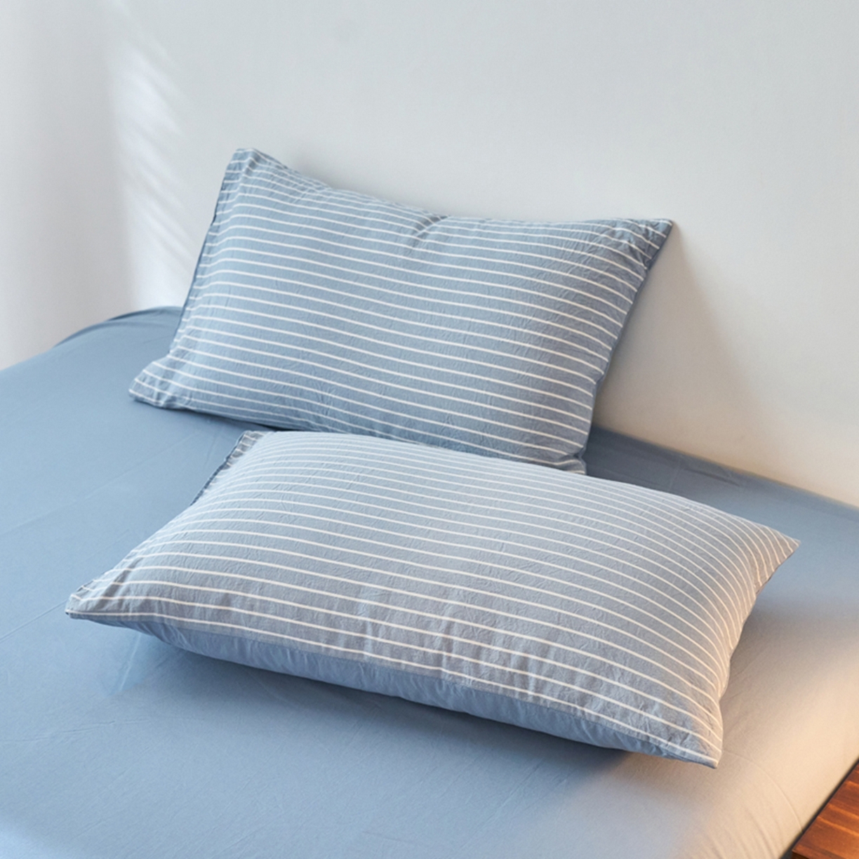 91家纺网 家纺一手货源 找家纺 春皖家纺 2026春夏新款全棉水洗棉单枕套枕套单件单品枕套 素雅-蓝条